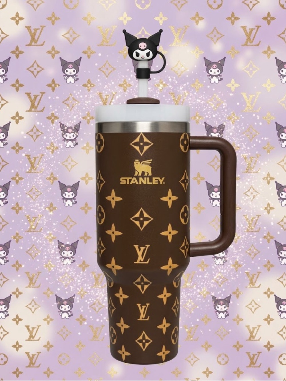 Stanley Custom Laser Brown with Gold Monogram Pattern Cup and Kuromi straw top